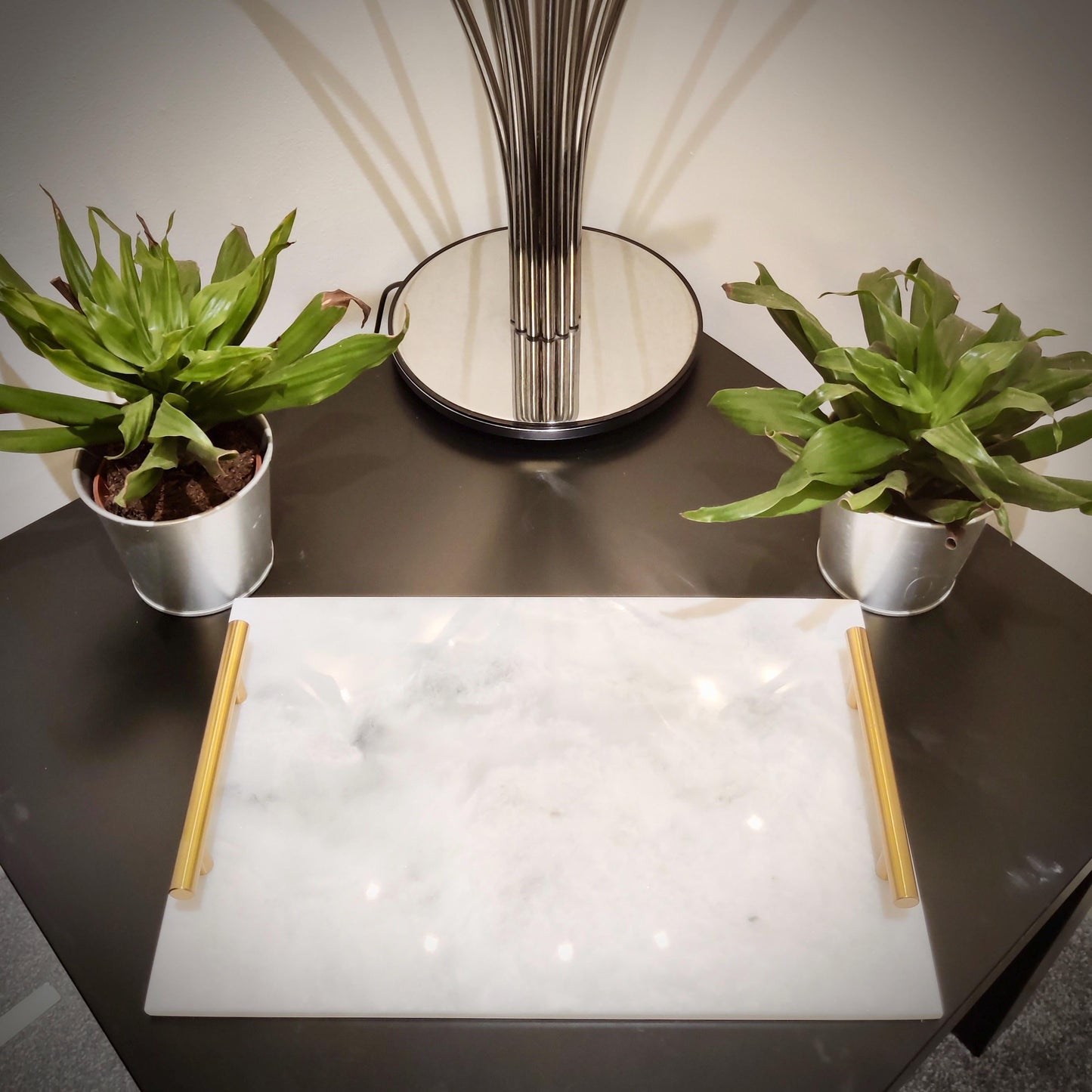 Marble Tray | Natural Finish Marble | White Tray | Home Décor | Decorative Tray | Bathroom or Kitchen | White Marble Tray with Gold Handles GOFIRE OUTLET