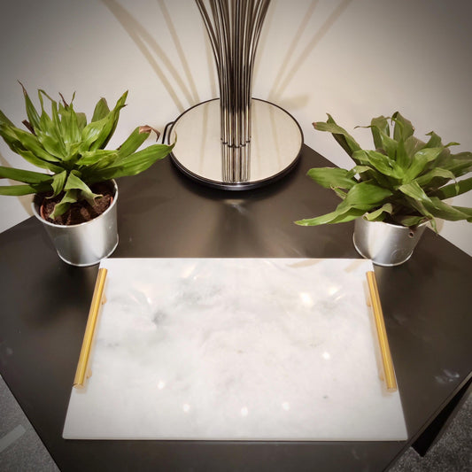 Marble Tray | Natural Finish Marble | White Tray | Home Décor | Decorative Tray | Bathroom or Kitchen | White Marble Tray with Gold Handles GOFIRE OUTLET