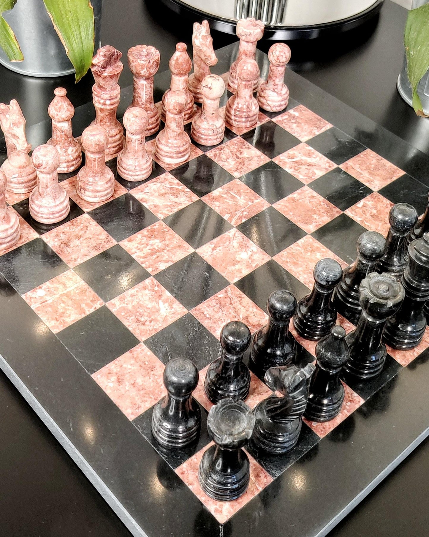 Handmade Black & Pink Marble Chess Set in 12x12 inches with Velvet Case