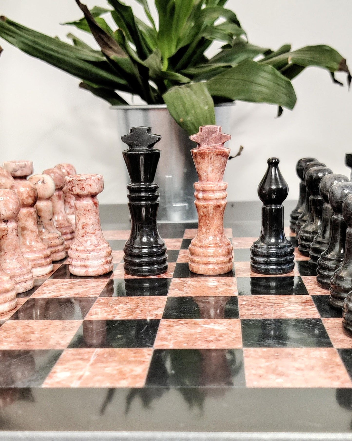 Handmade Black & Pink Marble Chess Set in 12x12 inches with Velvet Case