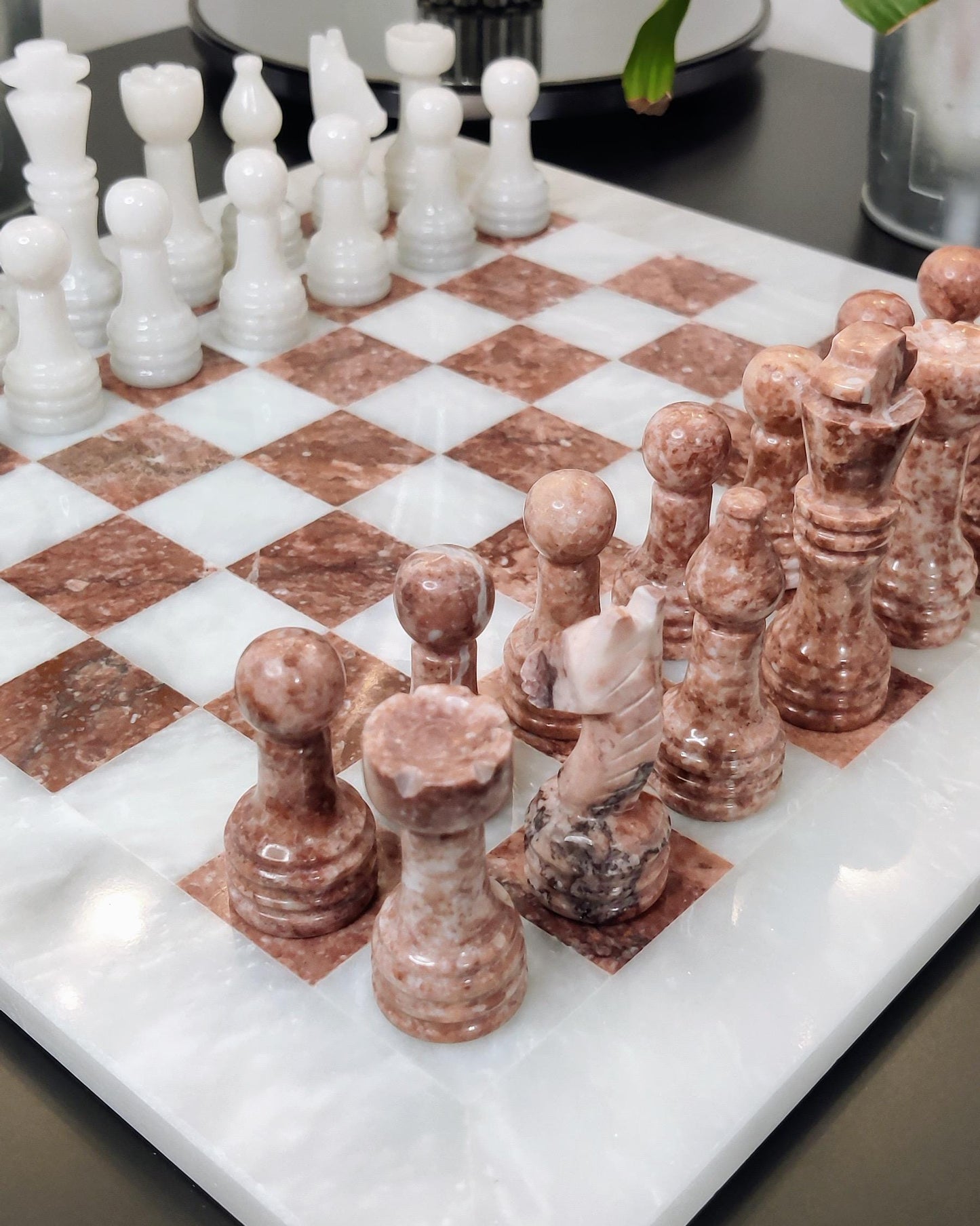 Handmade Marble Chess Set: Pink & White Stone 12x12 inches with Velvet Case