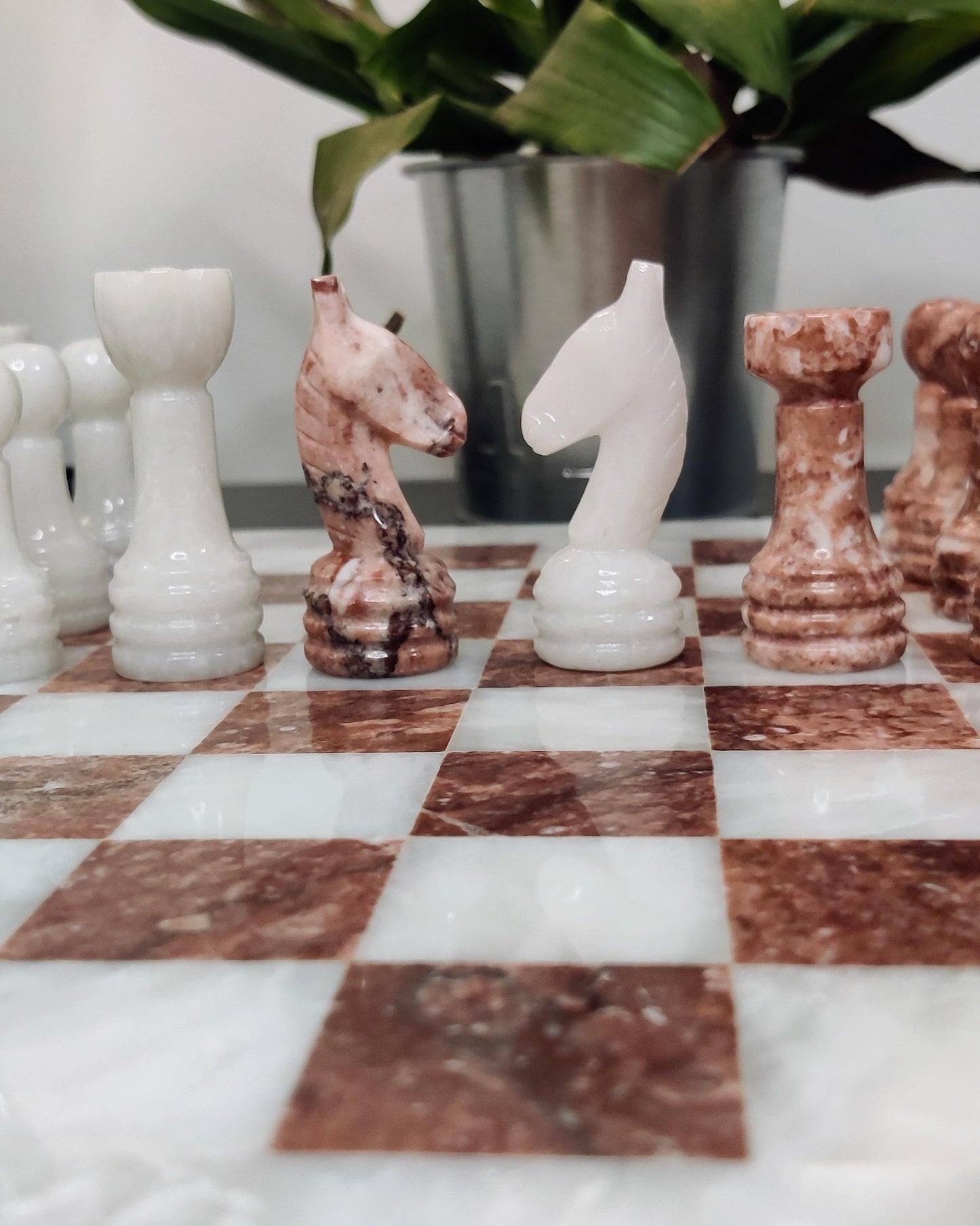 Handmade Marble Chess Set: Pink & White Stone 12x12 inches with Velvet Case