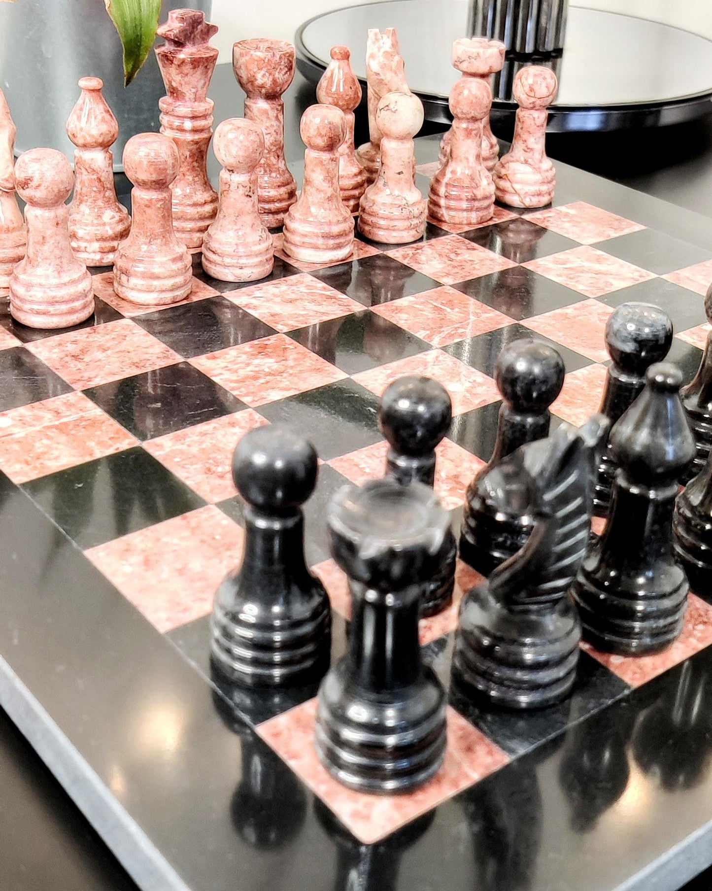 Handmade Black & Pink Marble Chess Set in 12x12 inches with Velvet Case