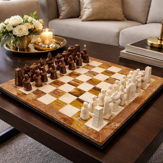 Hand Carved Marble Chess Set: Red & Beige Stone, Velvet Case (15x15 inch)