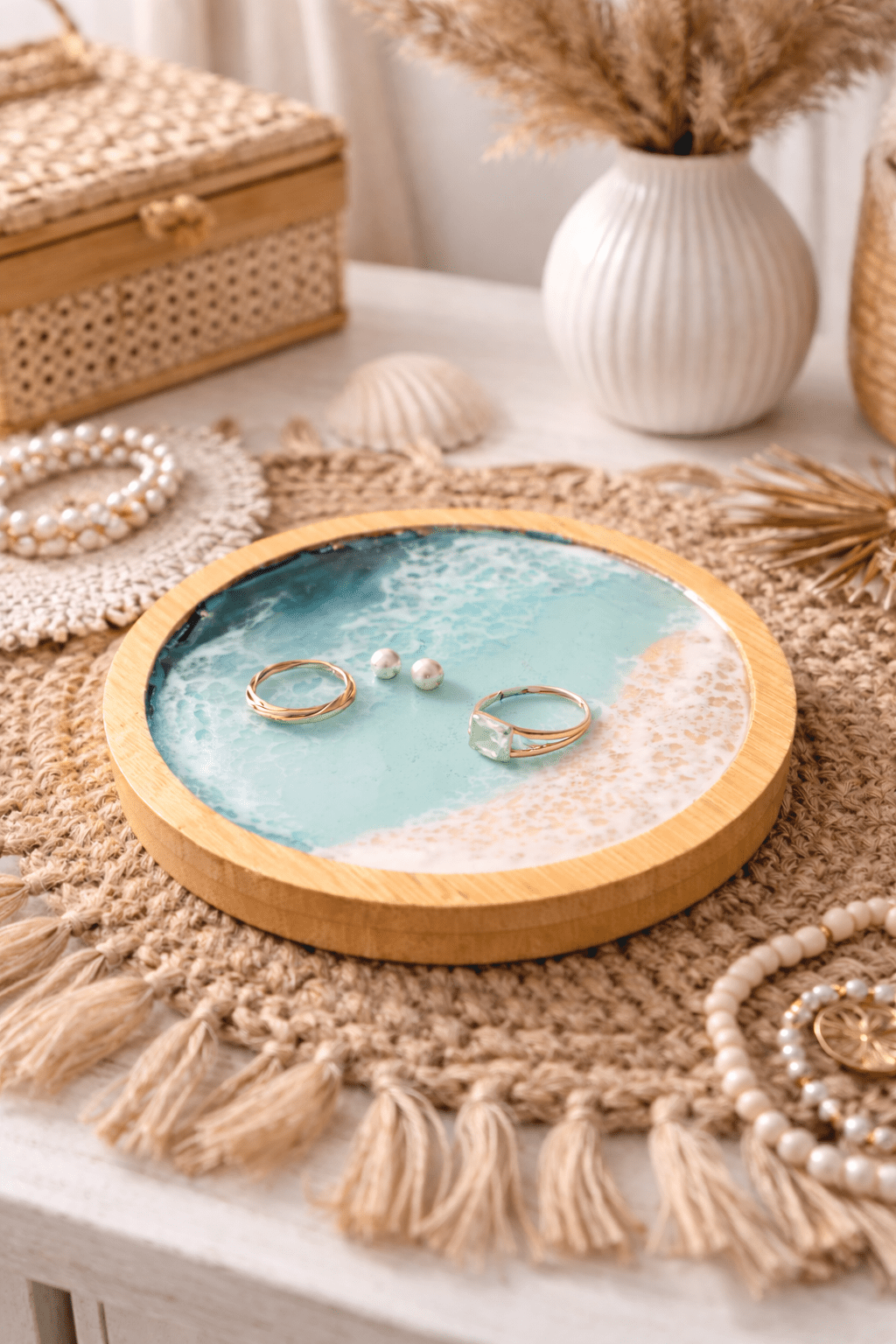 Trinket Dish for Jewelry, Ocean Resin Art Trinket Wooden Dish, Acacia Wood Dish for Jewelry Storage, Personalized Trinket Dish - GOFIRE OUTLET