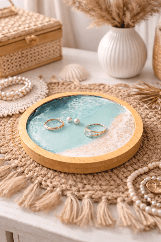 Trinket Dish for Jewelry, Ocean Resin Art Trinket Wooden Dish, Acacia Wood Dish for Jewelry Storage, Personalized Trinket Dish - GOFIRE OUTLET